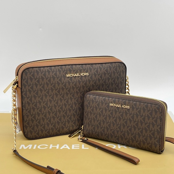Michael Kors EW Crossbody Bag & Large Flat MF Phone Case Wallet Brown - Picture 1 of 13